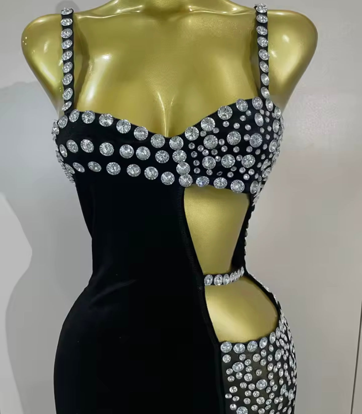 Sexy Sleeveless Rhinestone Black Hollow Out Side Split Maxi Dress