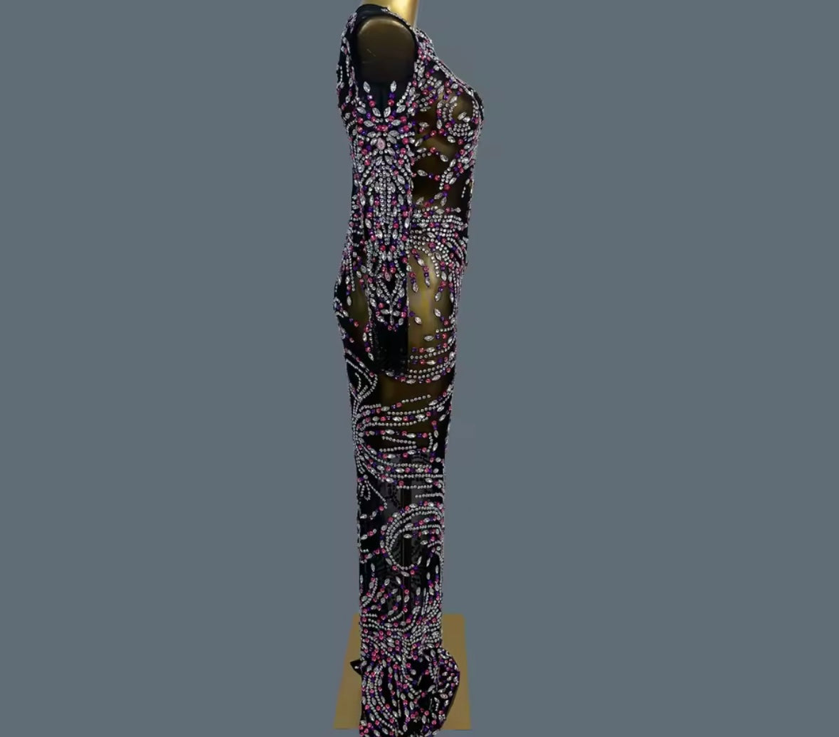 Black See Through Full Sleeve Color Rhinestone Maxi Dress