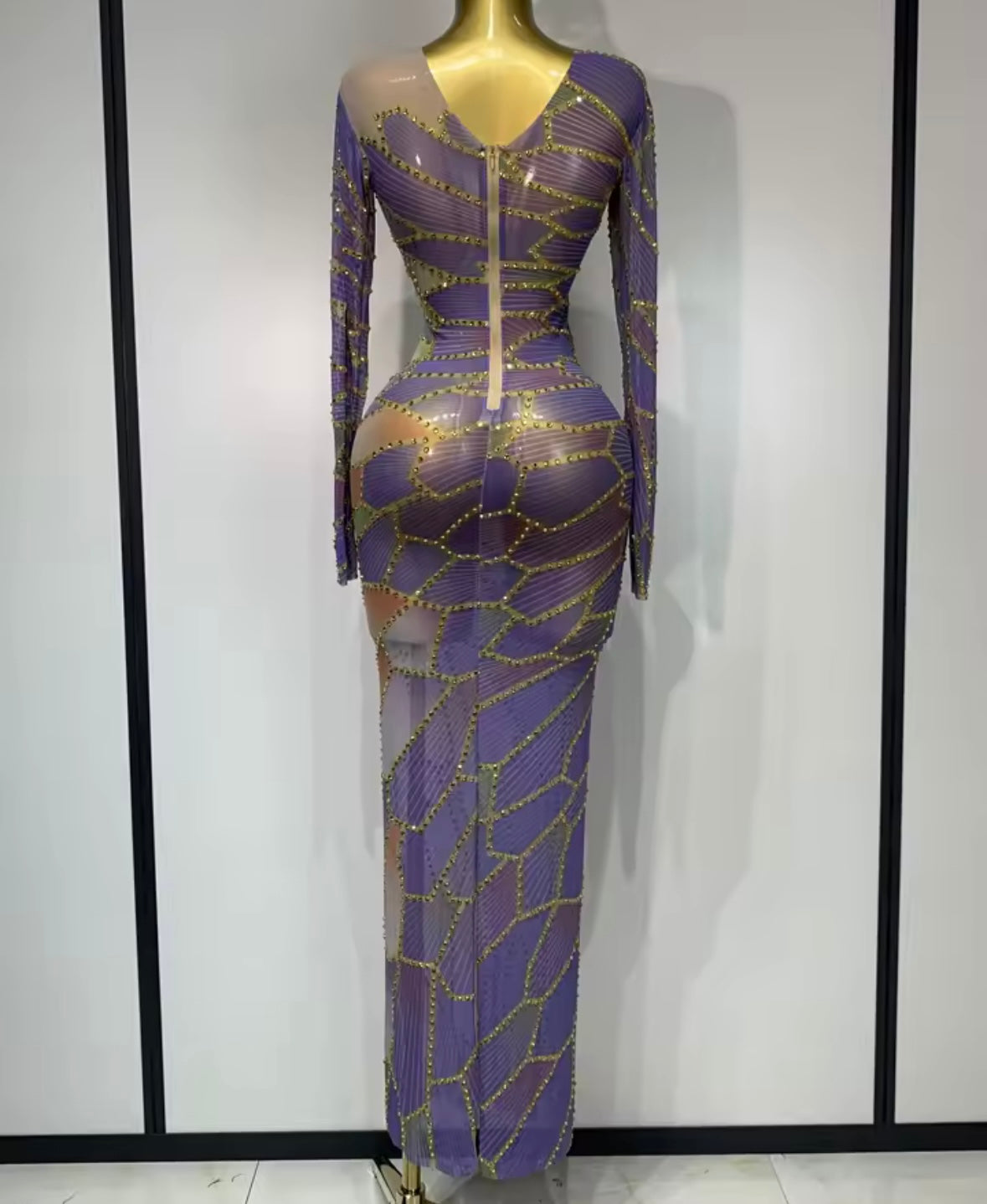 Sexy Multicolored Rhinestone Full Sleeve Floor-Length Dress