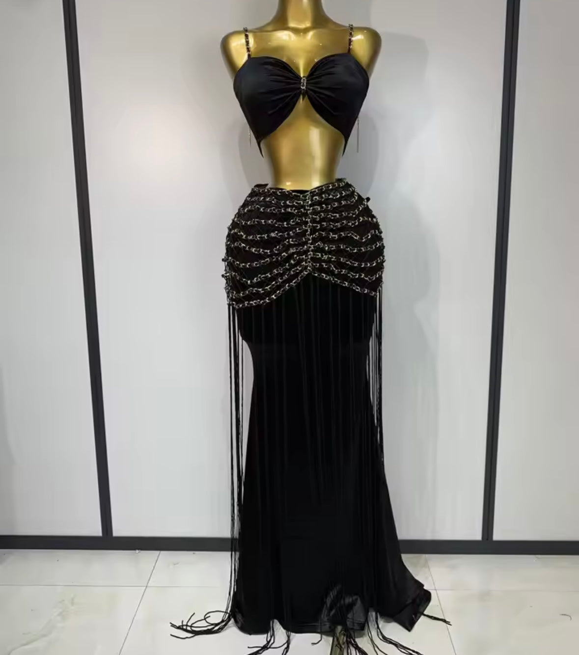 Sexy Black Sleeveless Chain Fringe Tassel Maxi Skirt Set