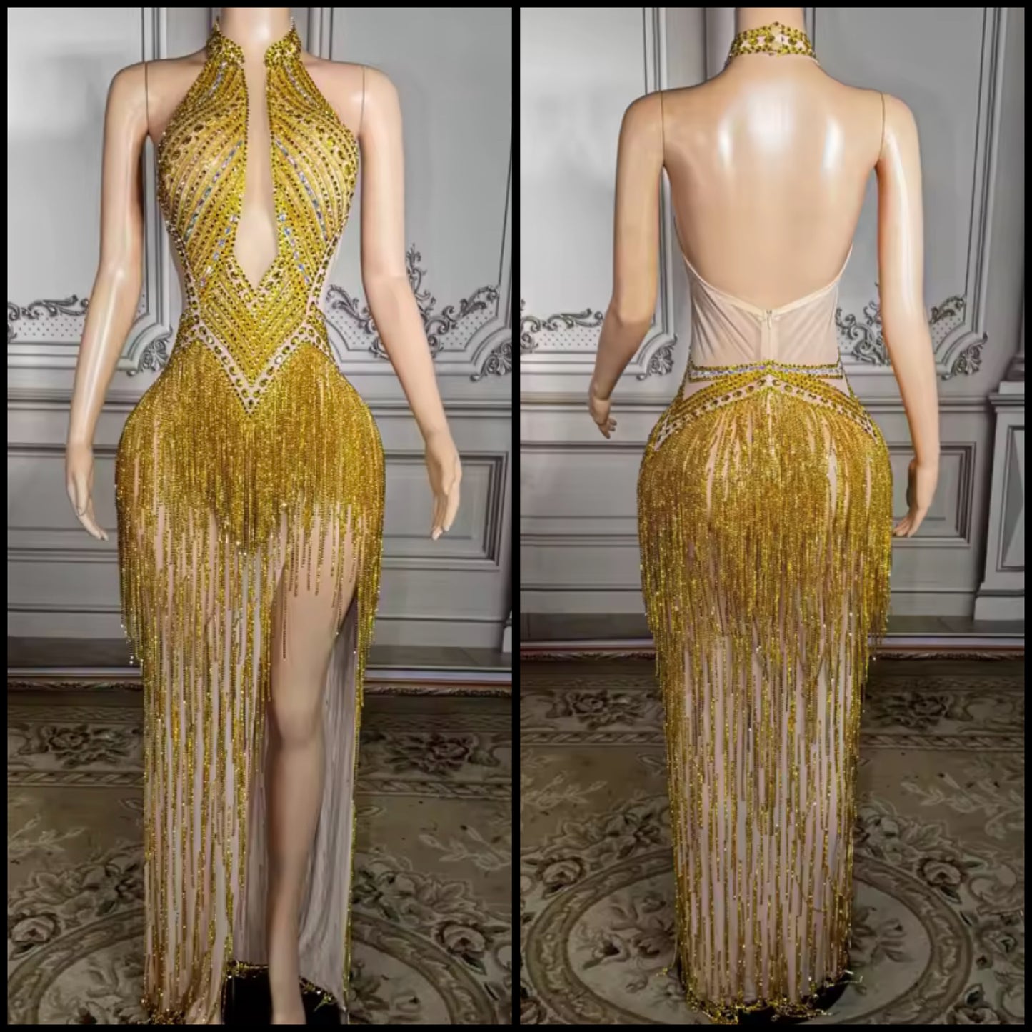 Gold Sexy Halter Sleeveless Rhinestone Fringe Tassel Maxi Dress