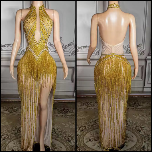 Gold Sexy Halter Sleeveless Rhinestone Fringe Tassel Maxi Dress