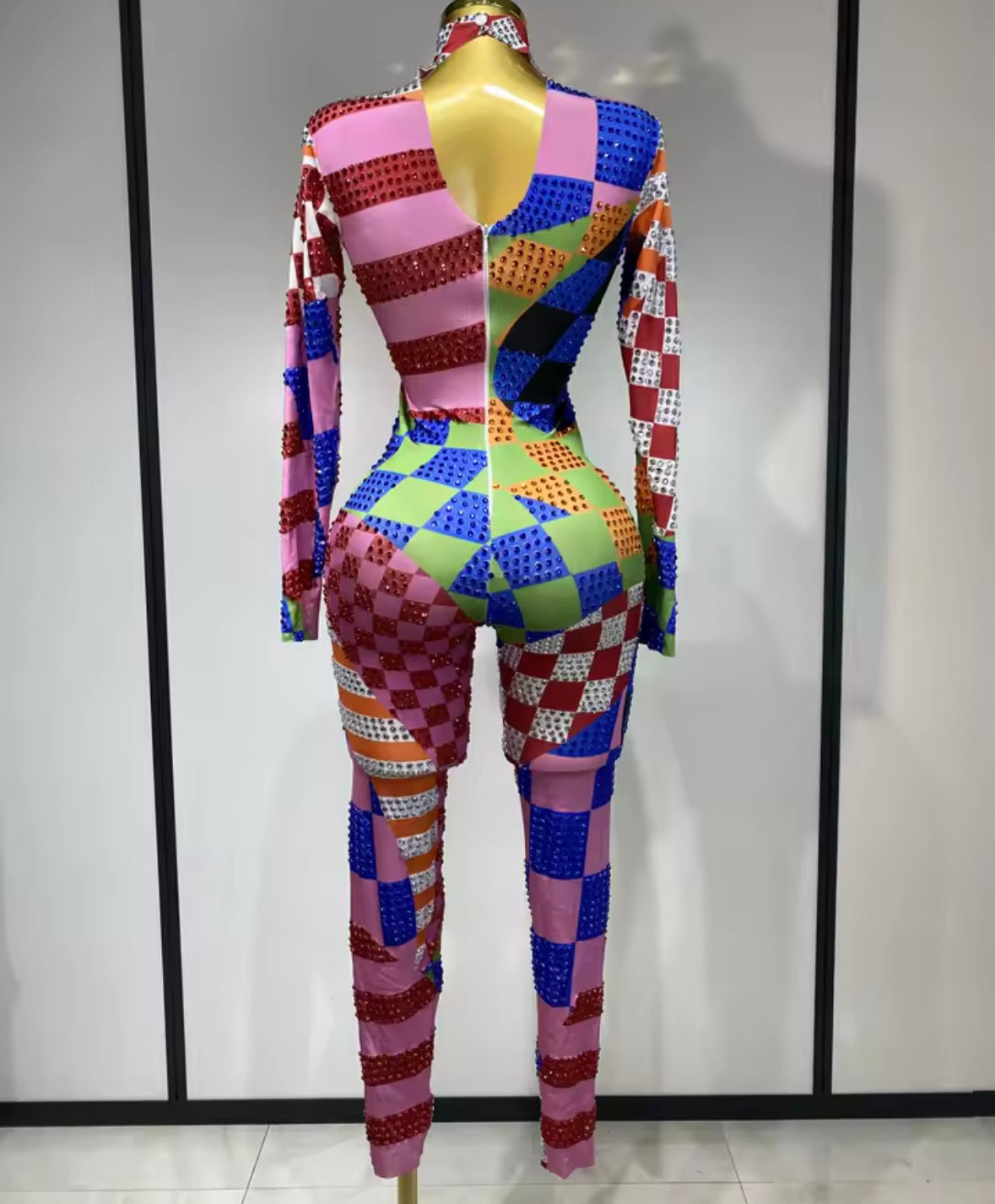 Multicolored Rhinestone Full Sleeve Jumpsuit