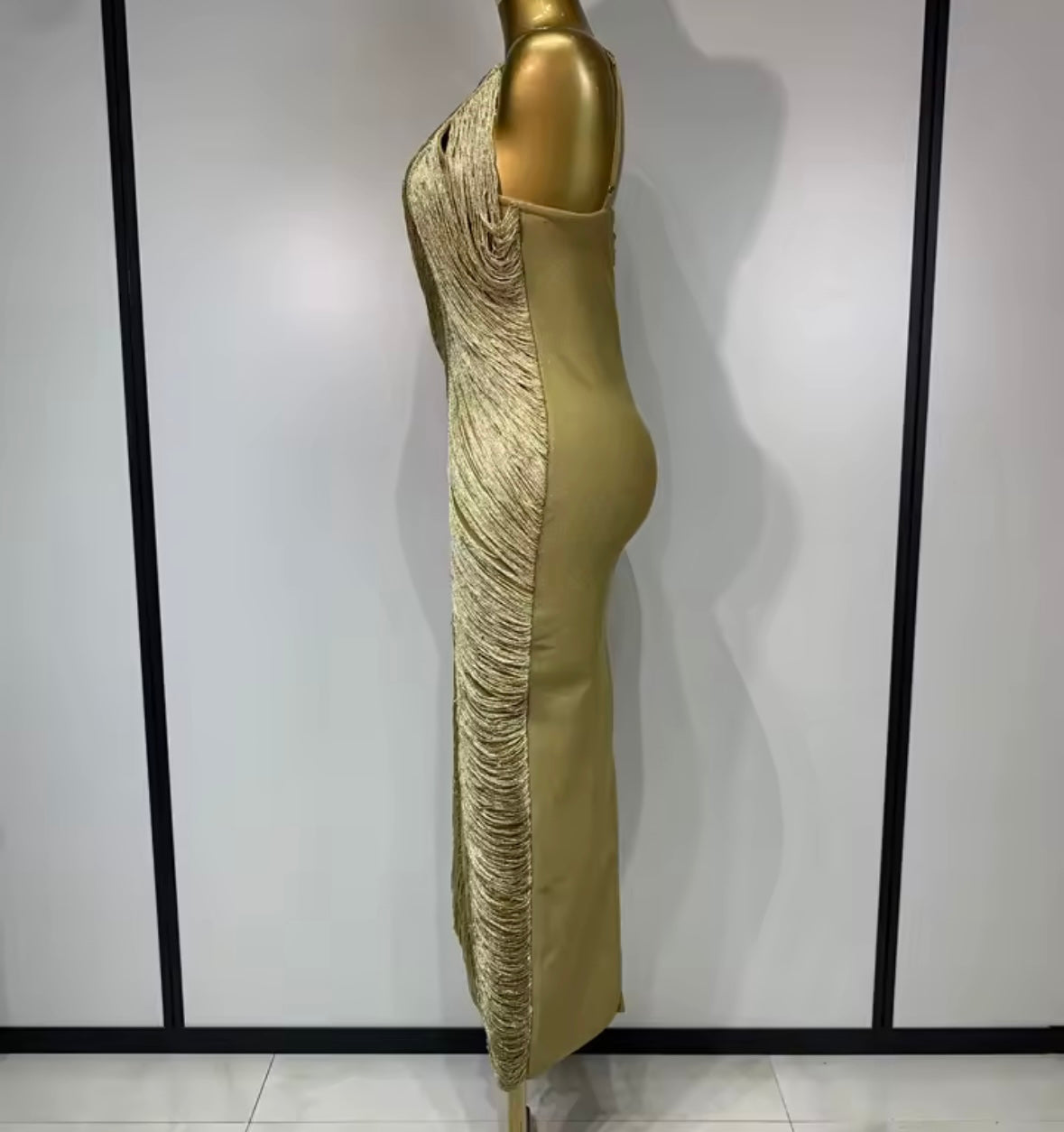 Sexy One Shoulder Gold Fringe Maxi Dress