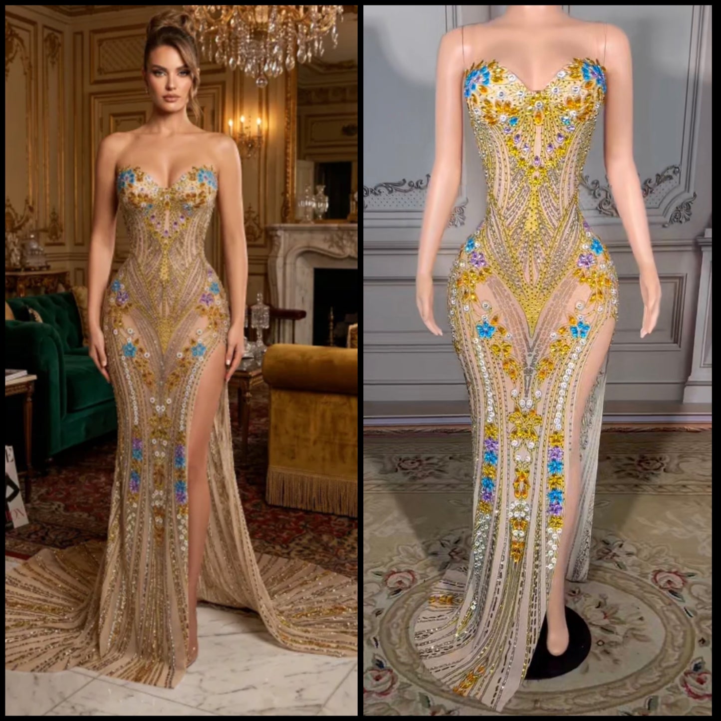 Sexy Gold Sleeveless Crystal Rhinestone Floor-Length Dress