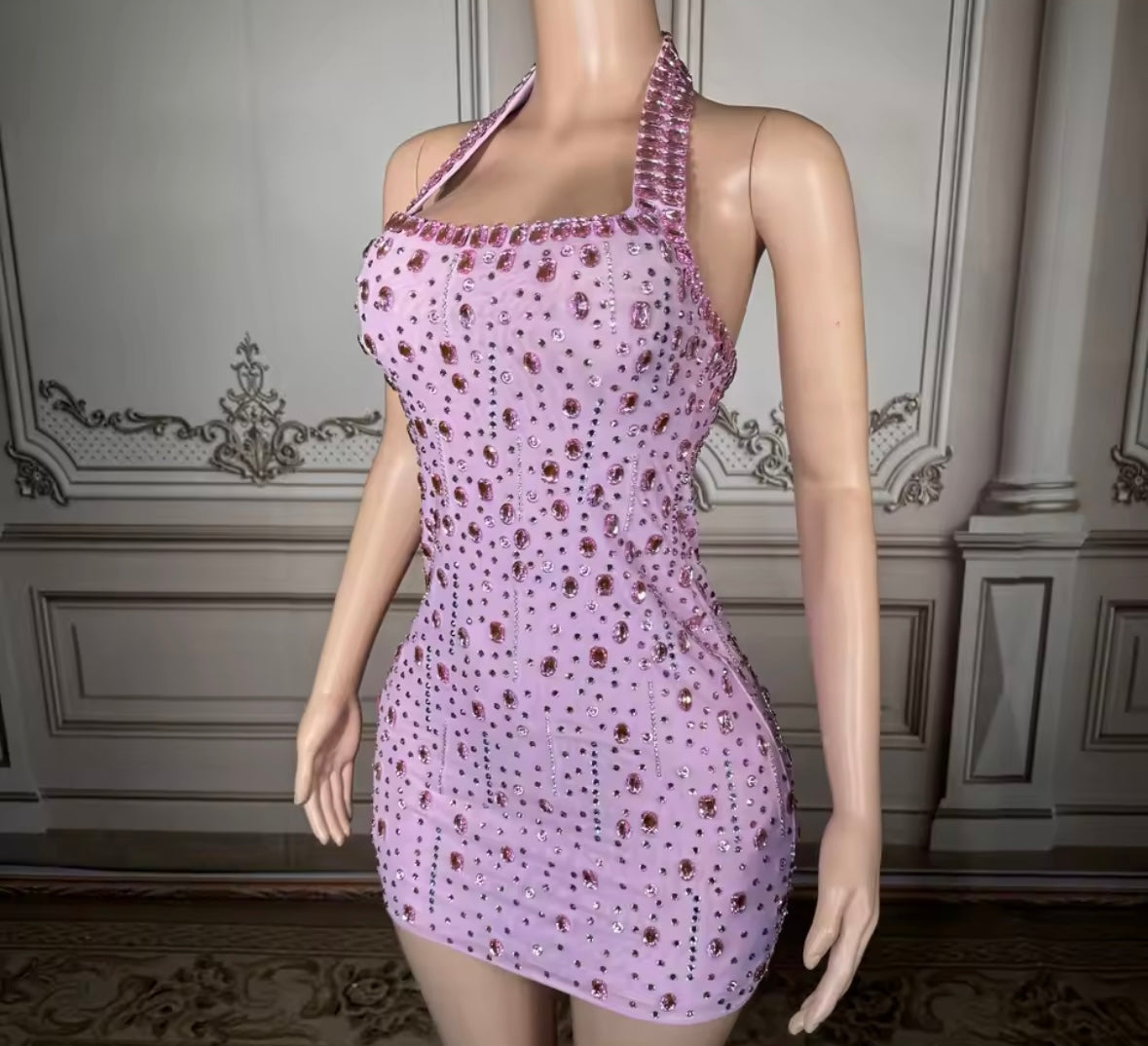 Sexy Pink Halter Sleeveless Crystal Short Dress