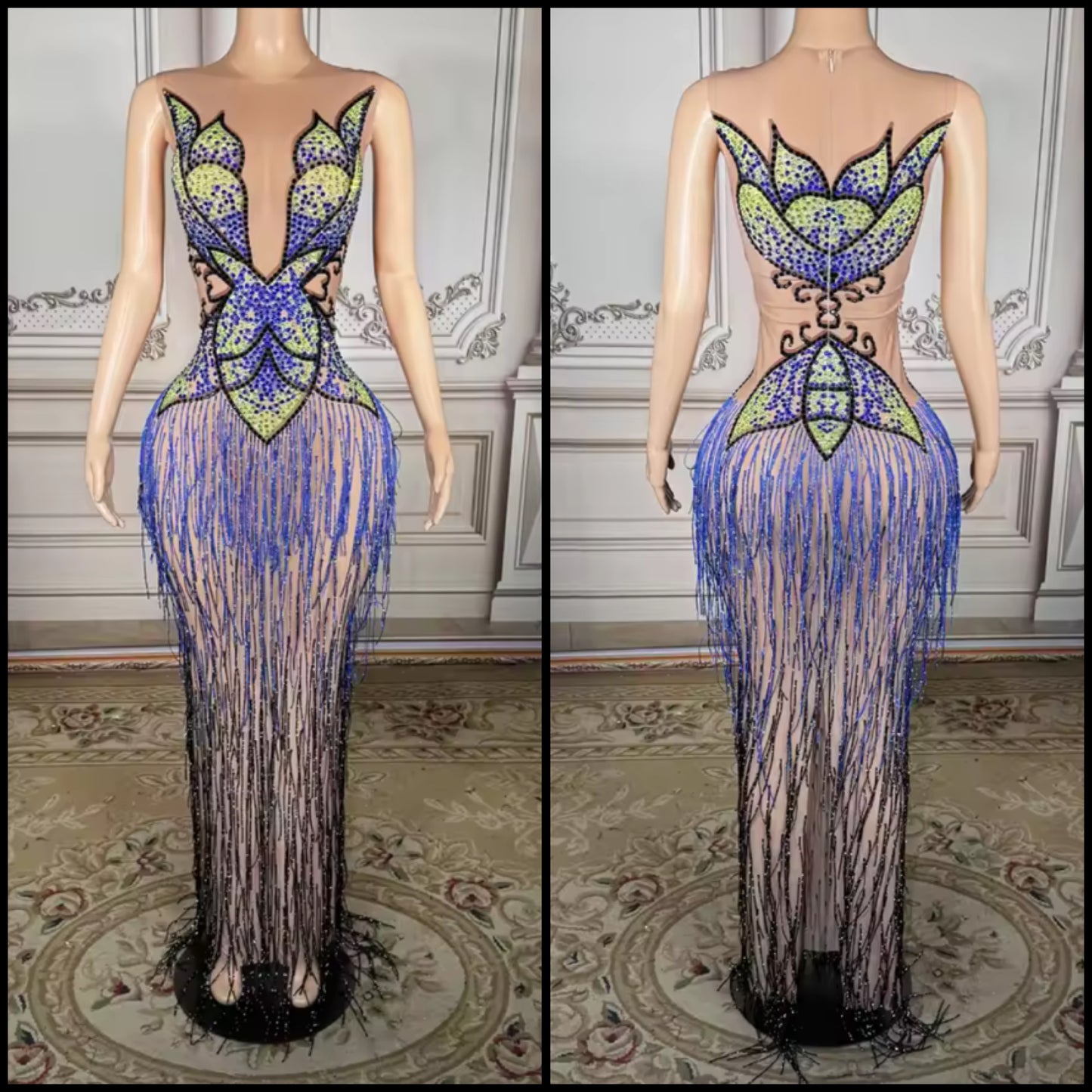 Sexy Sleeveless Rhinestone Tassel See Through Maxi Dress