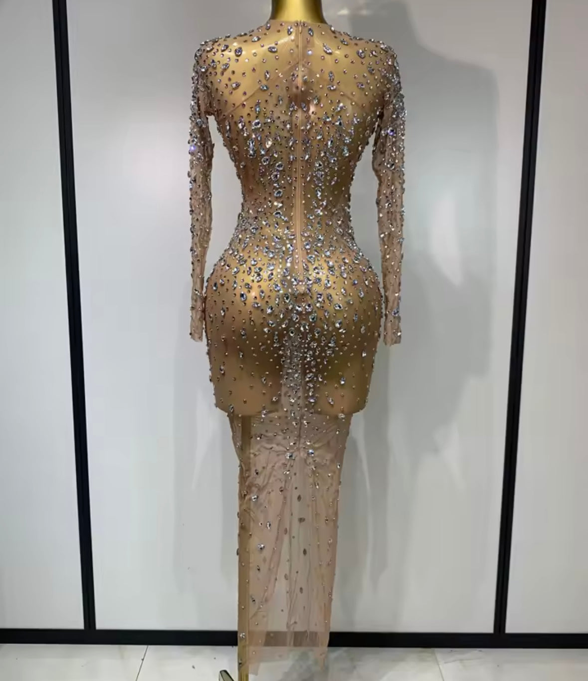 Sexy See Through Rhinestone Full Sleeve Long Dress