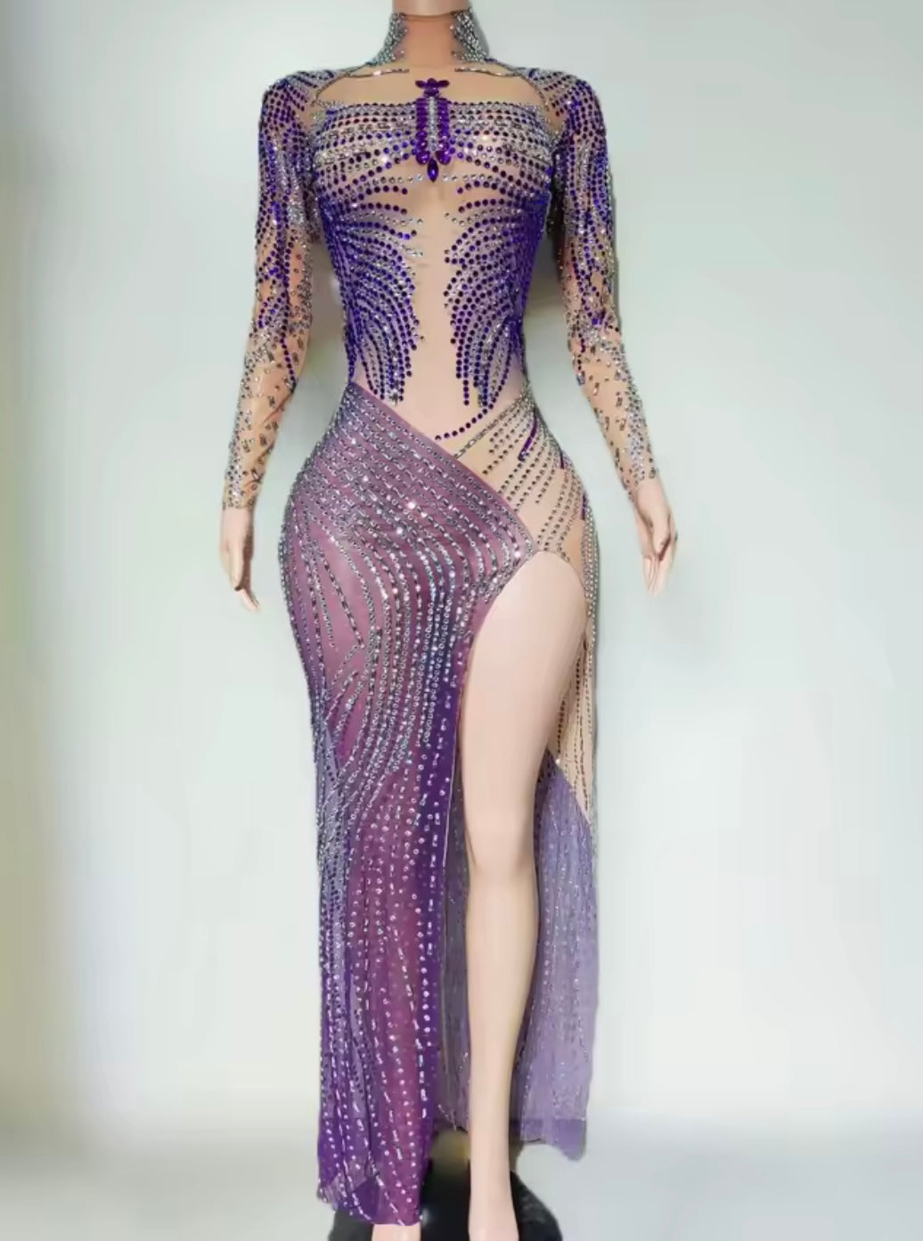 Sexy See Through Purple Rhinestone Side Split Maxi Dress