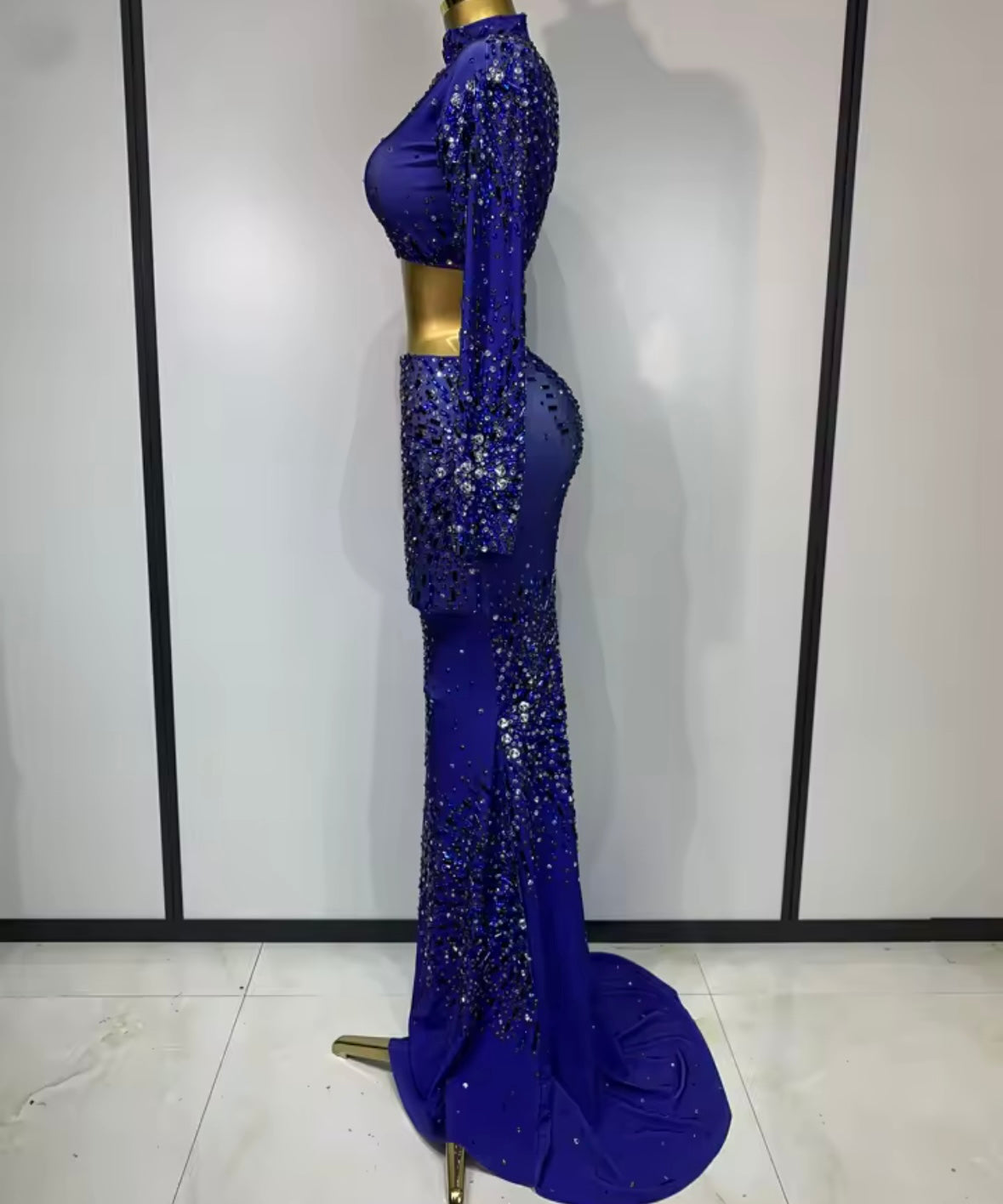 Blue Elegant Rhinestone Full Sleeve Crop Maxi Skirt Set