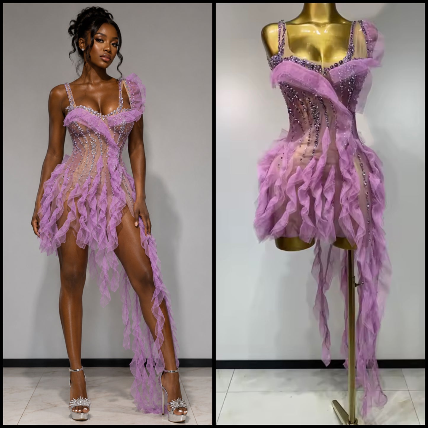Sexy Sleeveless Lavender Ruffle Rhinestone Tassel Dress