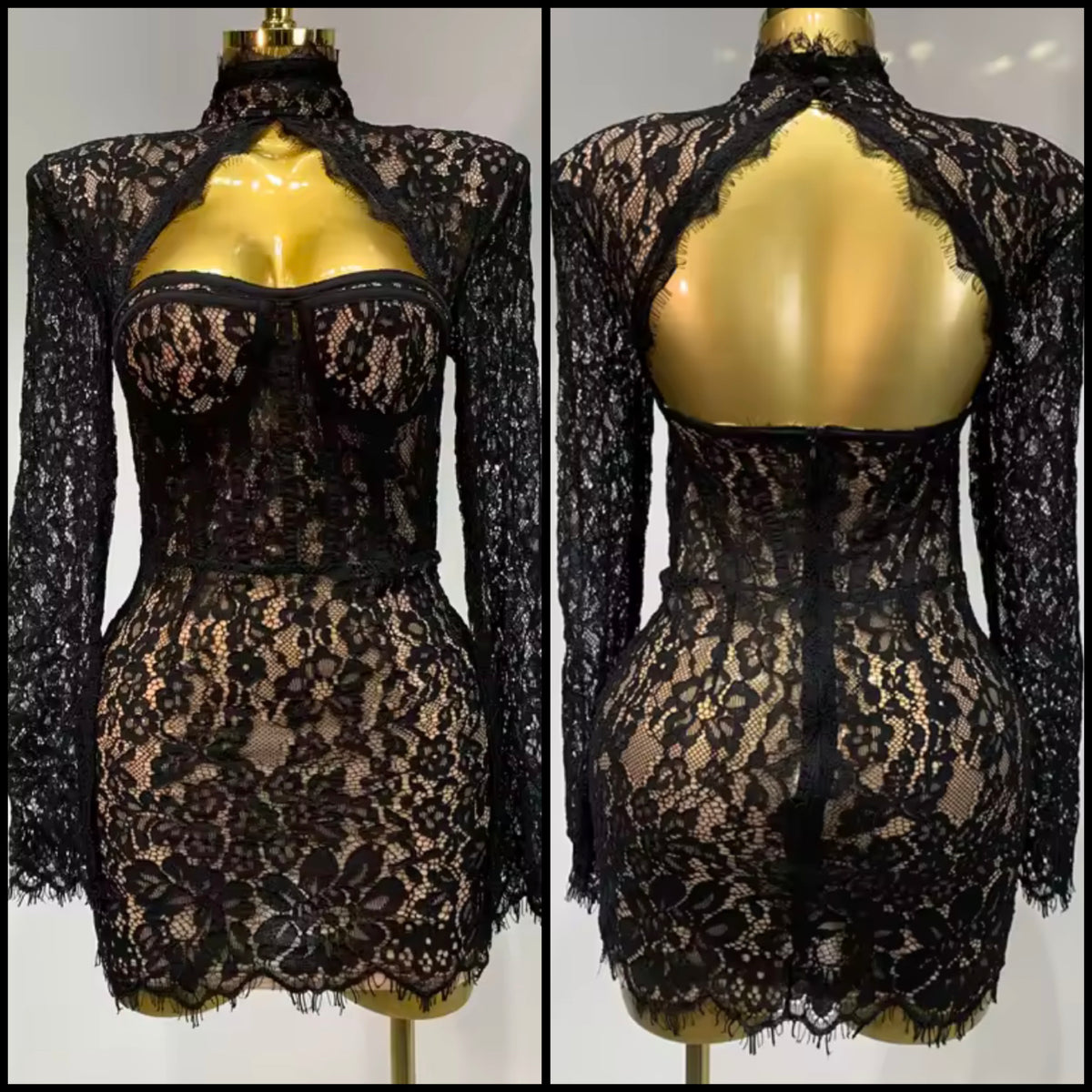 Sexy Black Lace Open Back Full Sleeve Dress