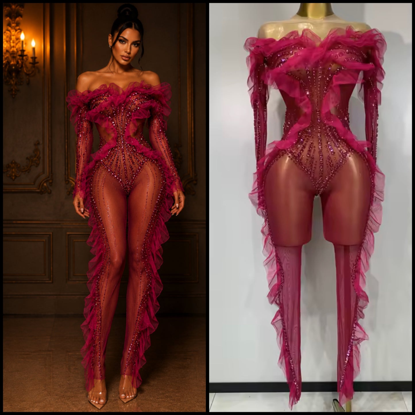 Pink Sexy Ruffled Rhinestone See Through Jumpsuit