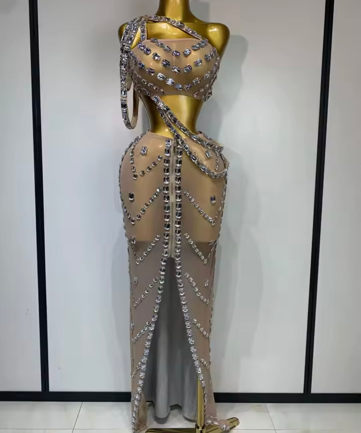 Sexy One Shoulder Sleeveless Crystal Two Piece Maxi Skirt Set