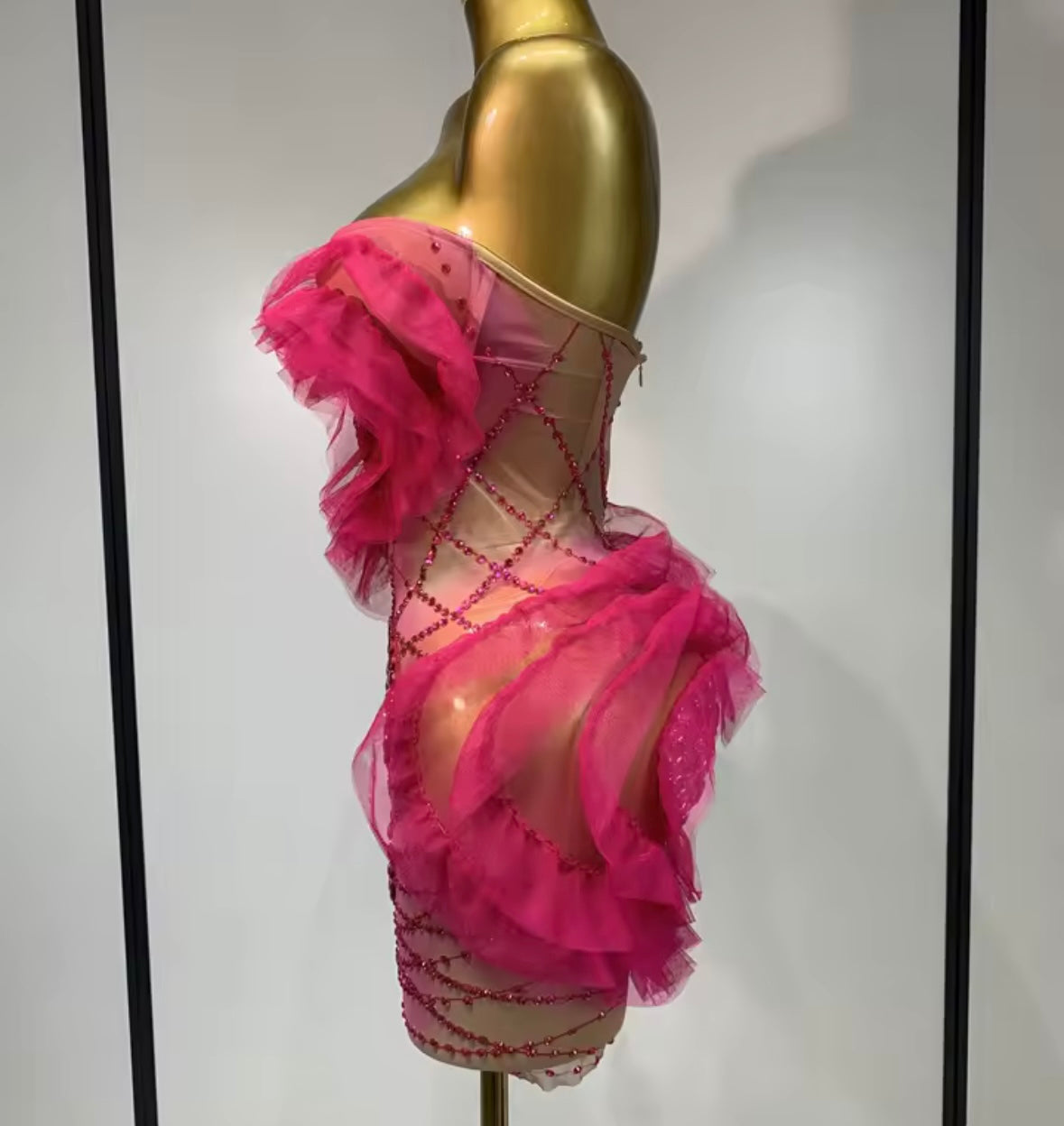 Sexy Pink Strapless Rhinestone Ruffle Short Dress
