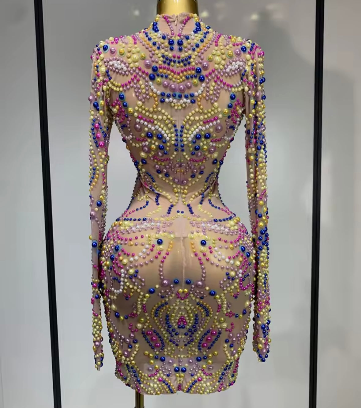 Sexy Multicolored Beaded Full Sleeve Dress