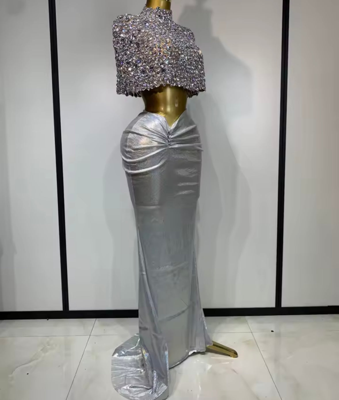 Silver Rhinestone Crop Sexy Ruched Maxi Skirt Set