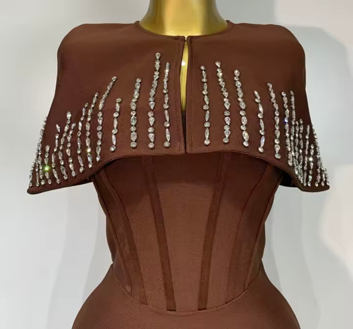 Elegant Strapless Rhinestone Shawl Two Piece Maxi Dress