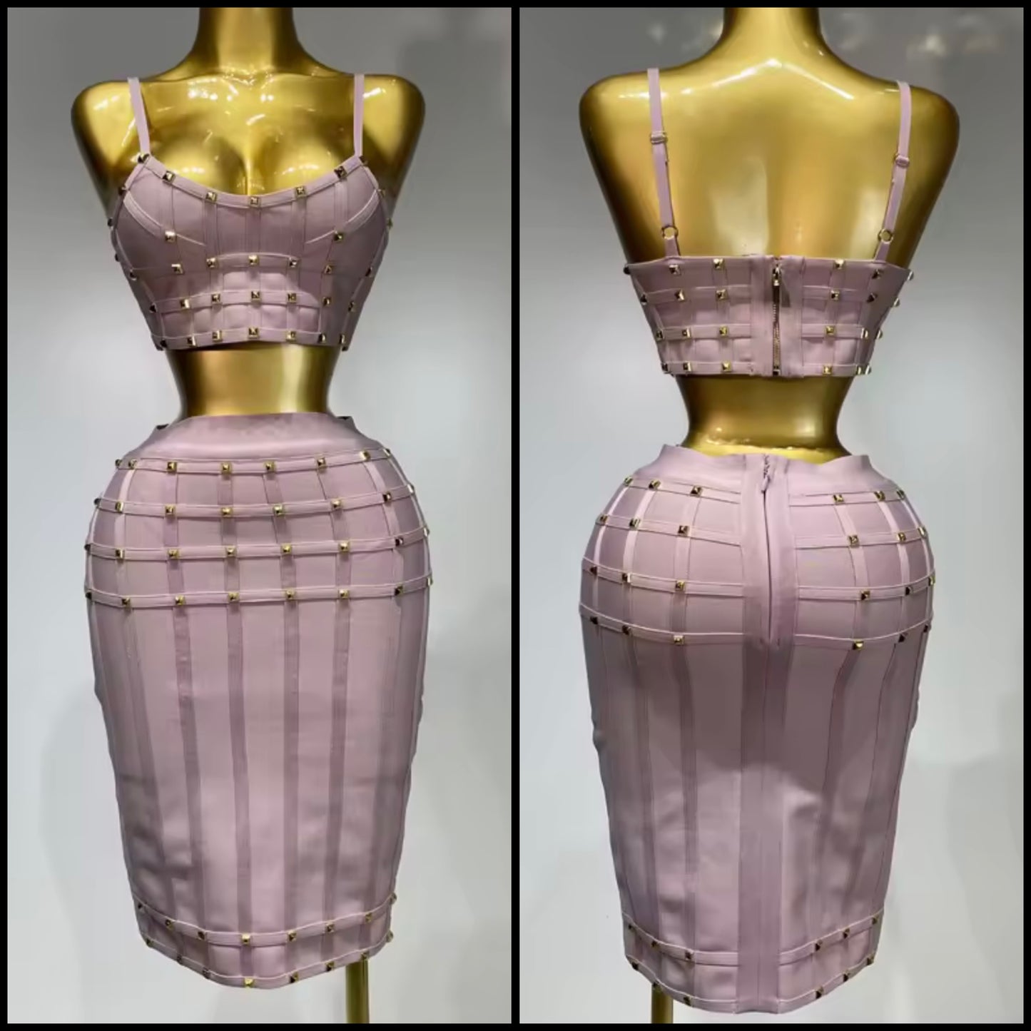 Pink Sleeveless Rivet Sexy Bandage Skirt Set