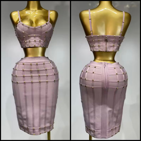 Pink Sleeveless Rivet Sexy Bandage Skirt Set