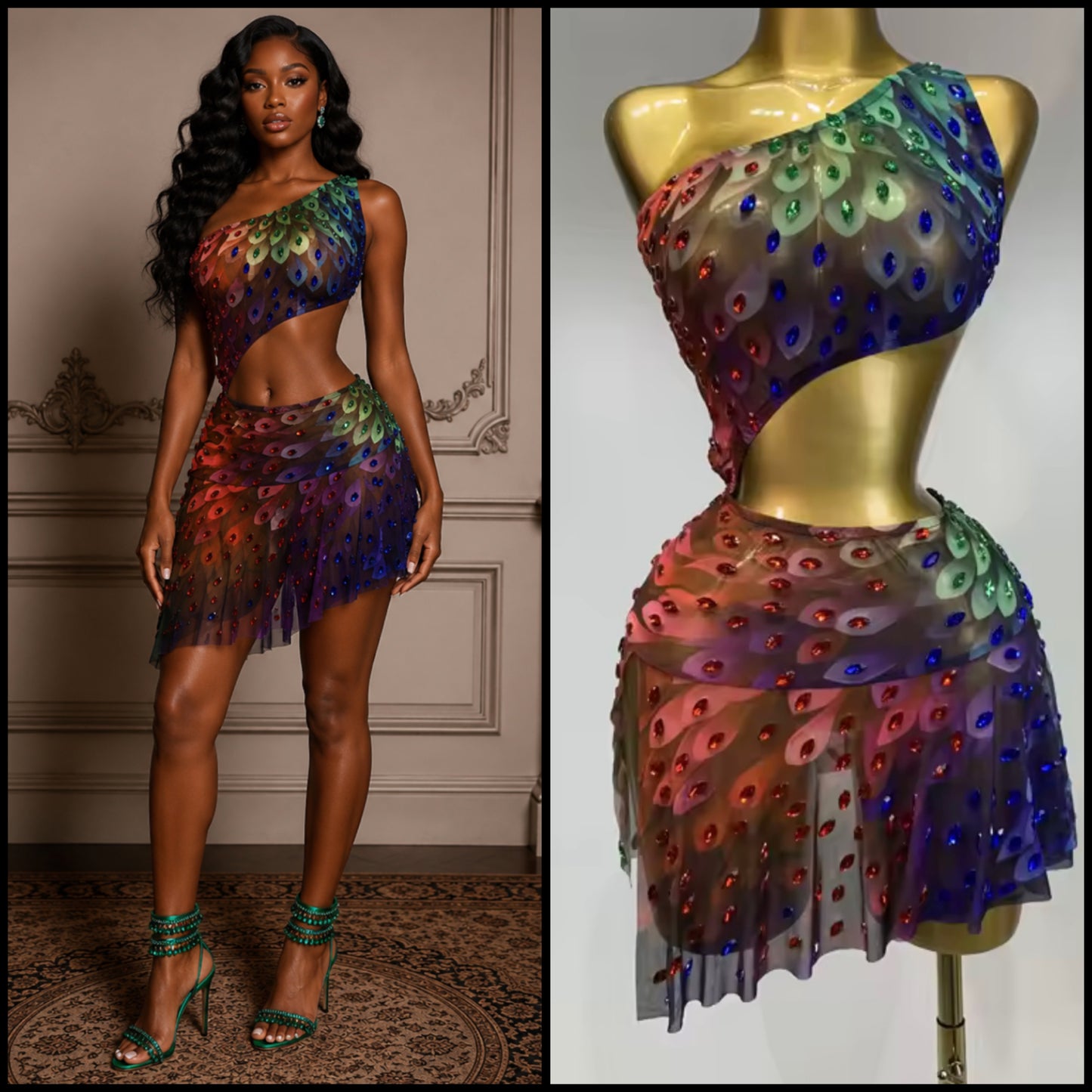 Sexy One Shoulder Sleeveless Colorful Crystal See Through Dress