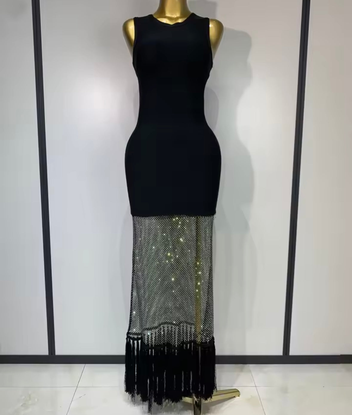 Black Sexy Sleeveless Sparkly Rhinestone Tassel Maxi Dress