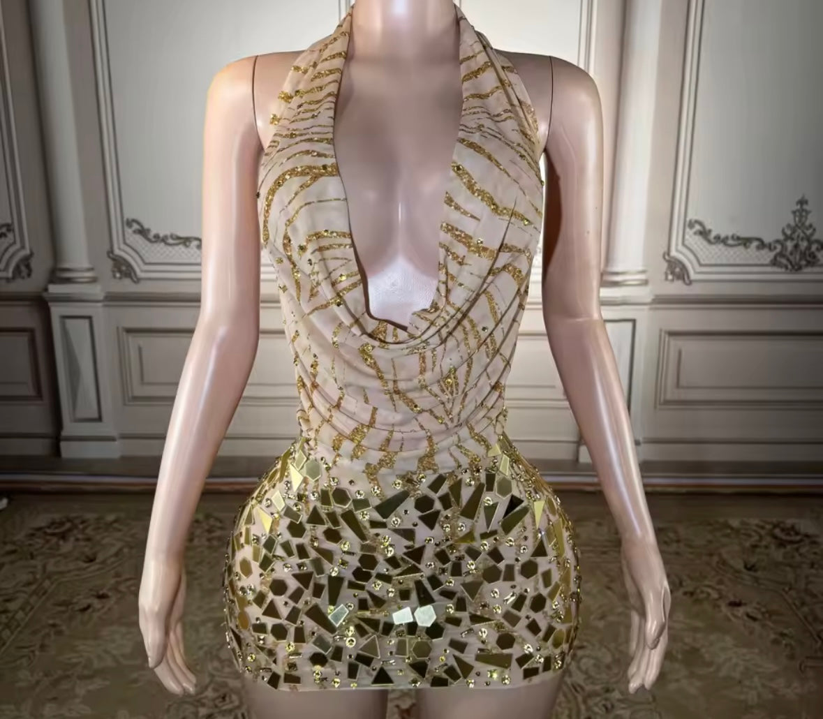 Sexy Halter Sleeveless Printed Mirror Short Dress