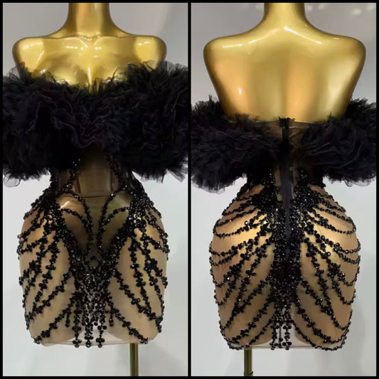 Black Ruffled Strapless Crystal Mesh Sexy Dress