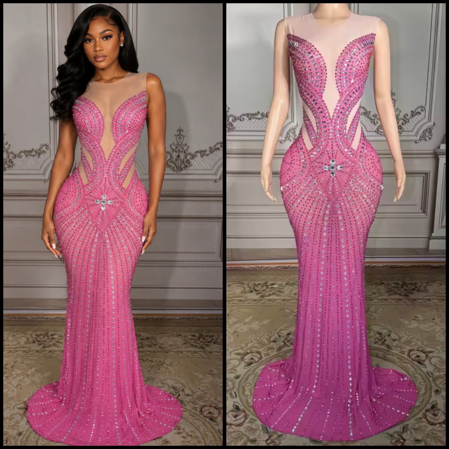 Pink Sleeveless Rhinestone Embellishment Sexy Maxi Dress