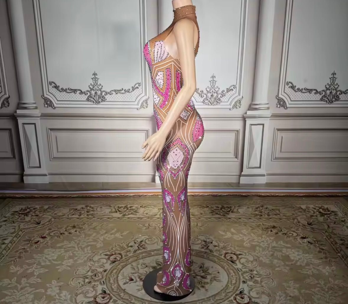 Sexy Sleeveless Color Patchwork Rhinestone See Through Maxi Dress