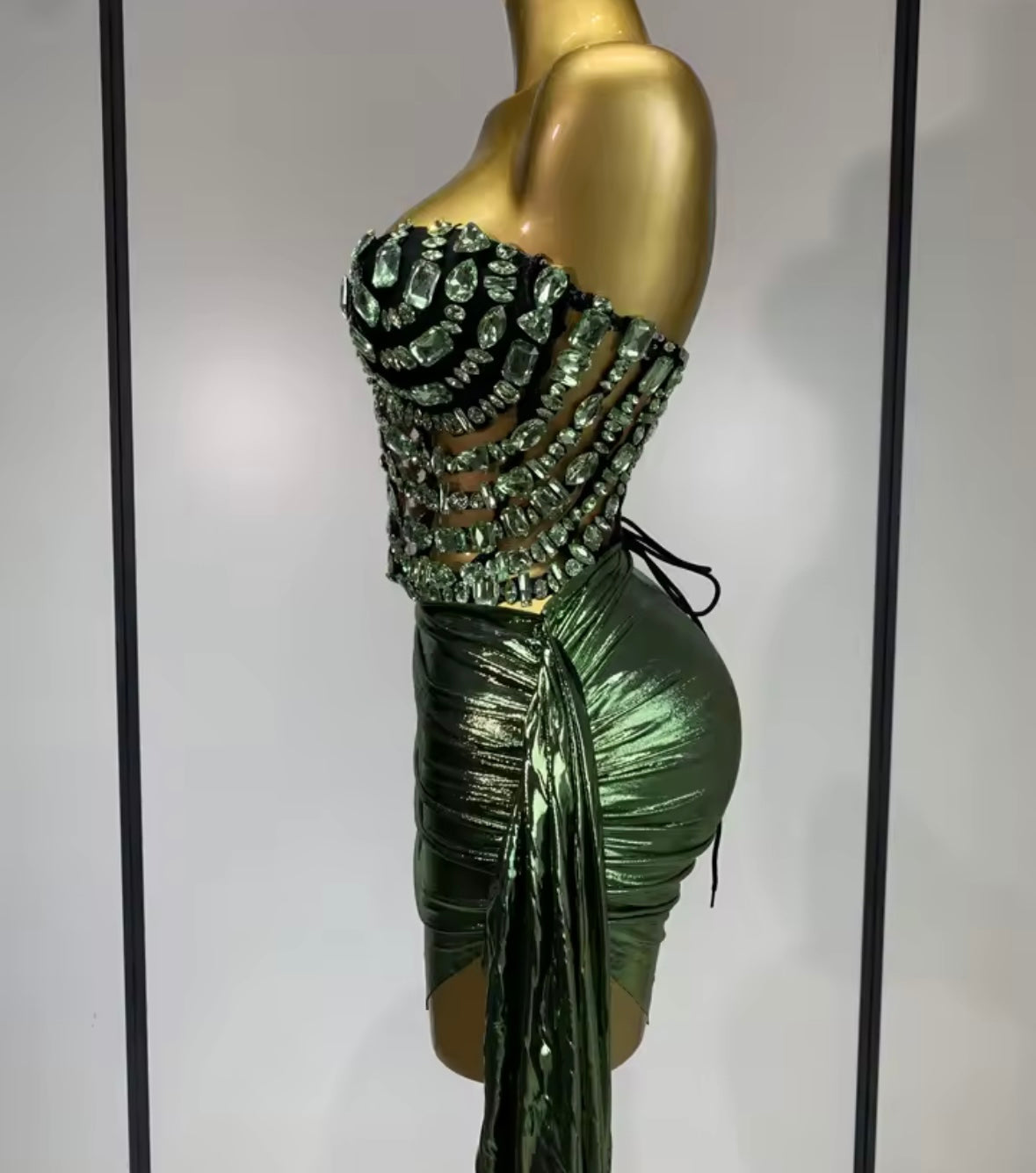 Crystal Strapless Sexy Mesh Corset Two Piece PU Skirt Set
