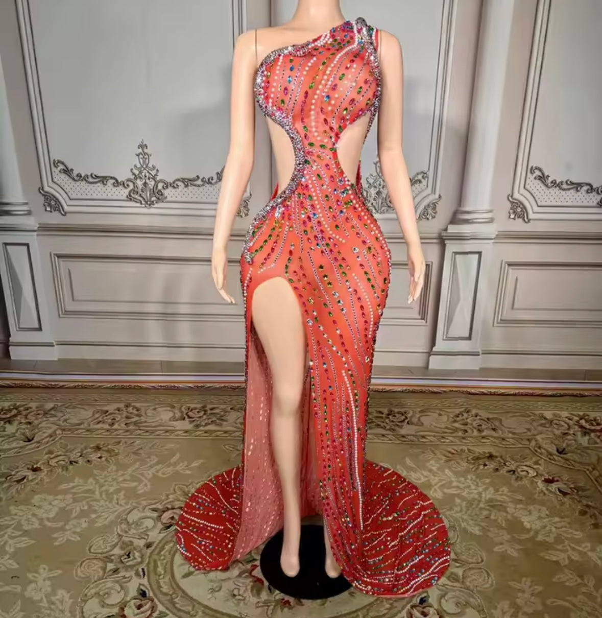 Sexy One Shoulder Sleeveless Rhinestone Side Split Maxi Dress