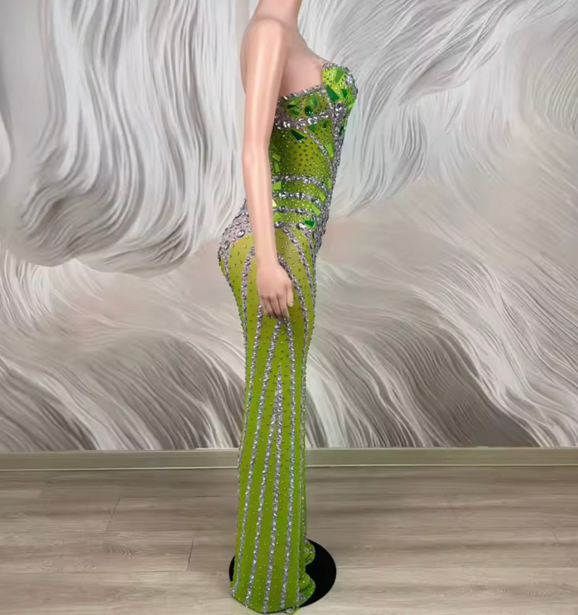 Green Sexy Sleeveless Rhinestone See Through Jumpsuit