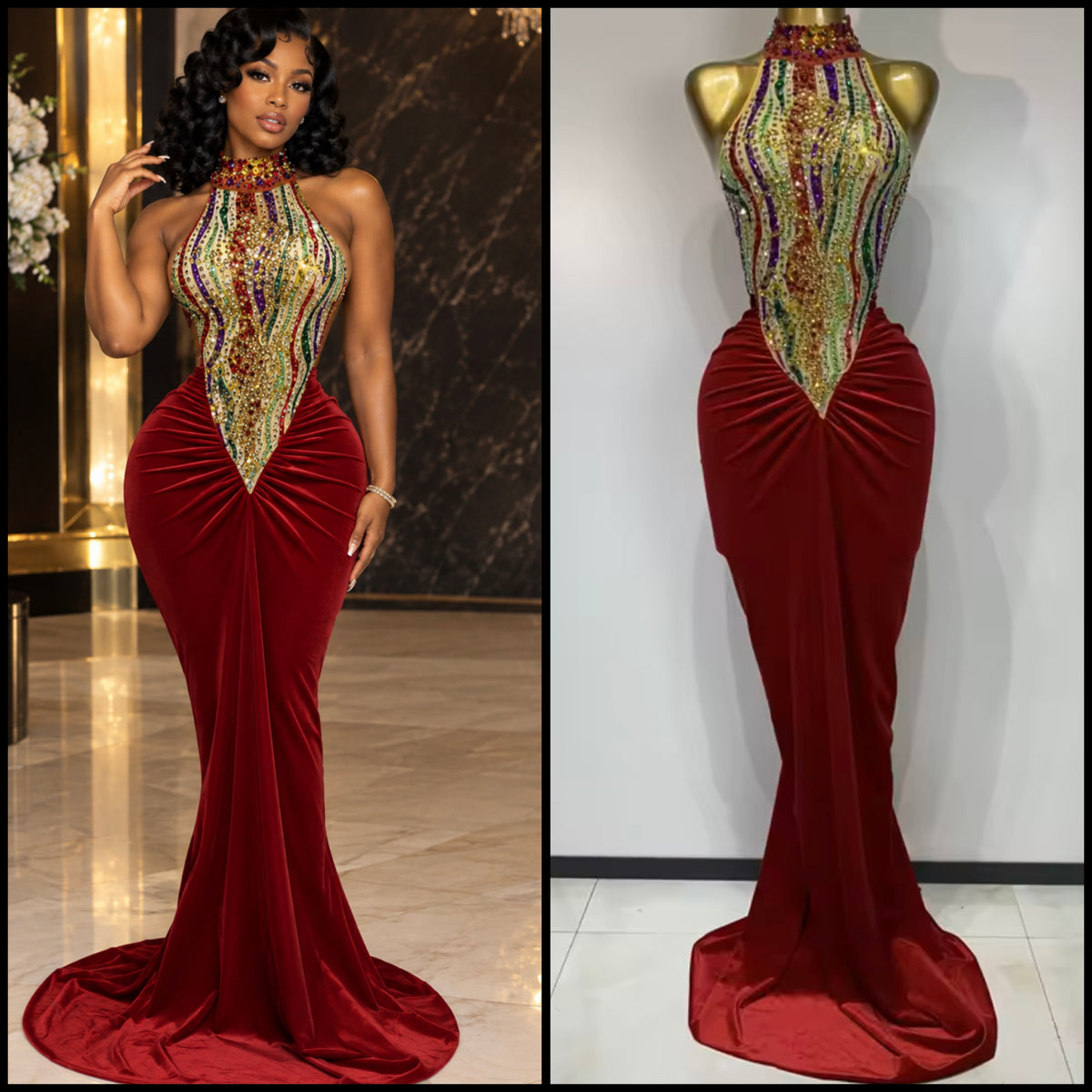 Sexy Halter Sleeveless Colorful Rhinestone Floor-Length Dress
