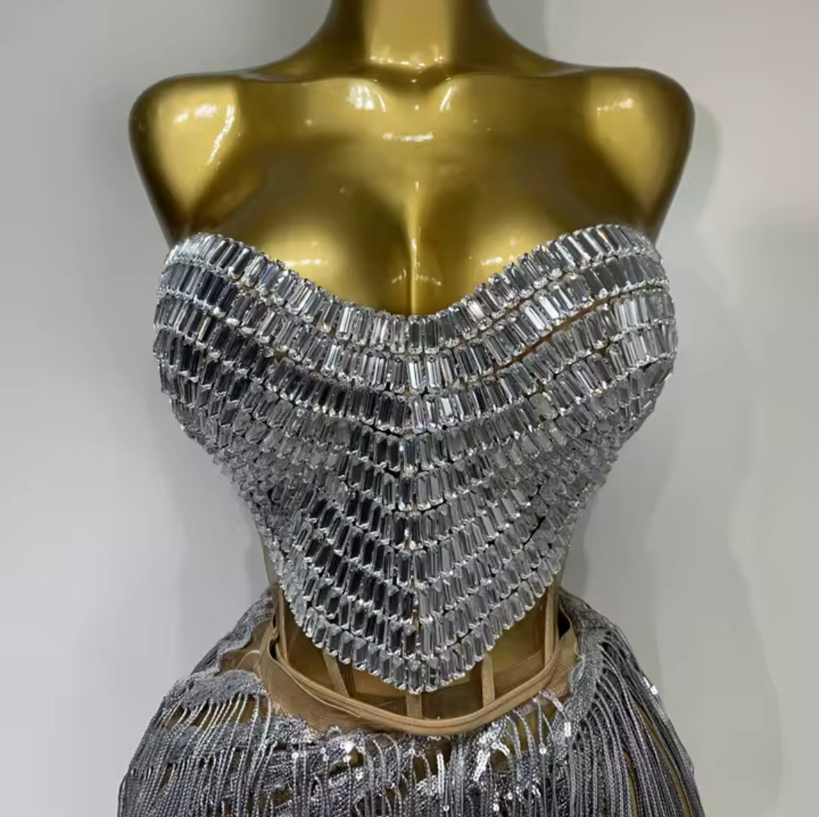 Silver Sexy Strapless Rhinestone Asymmetrical Tassel Two Piece Skirt Set