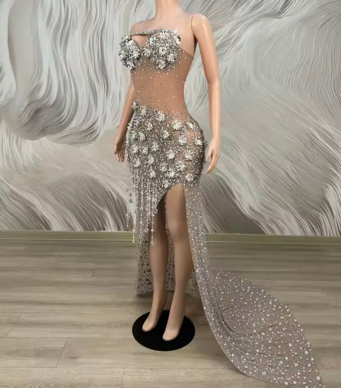 Sleeveless Crystal Rhinestone Tassel Side Split Maxi Dress