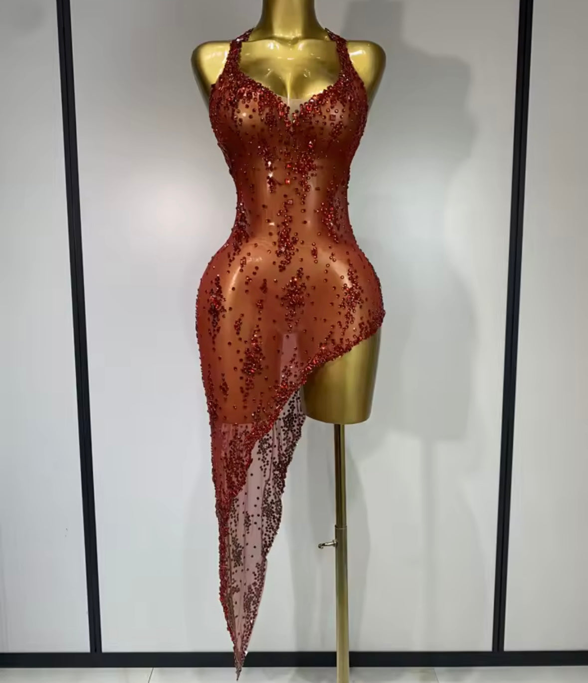 Sexy Sleeveless See Through Rhinestone Asymmetrical Dress