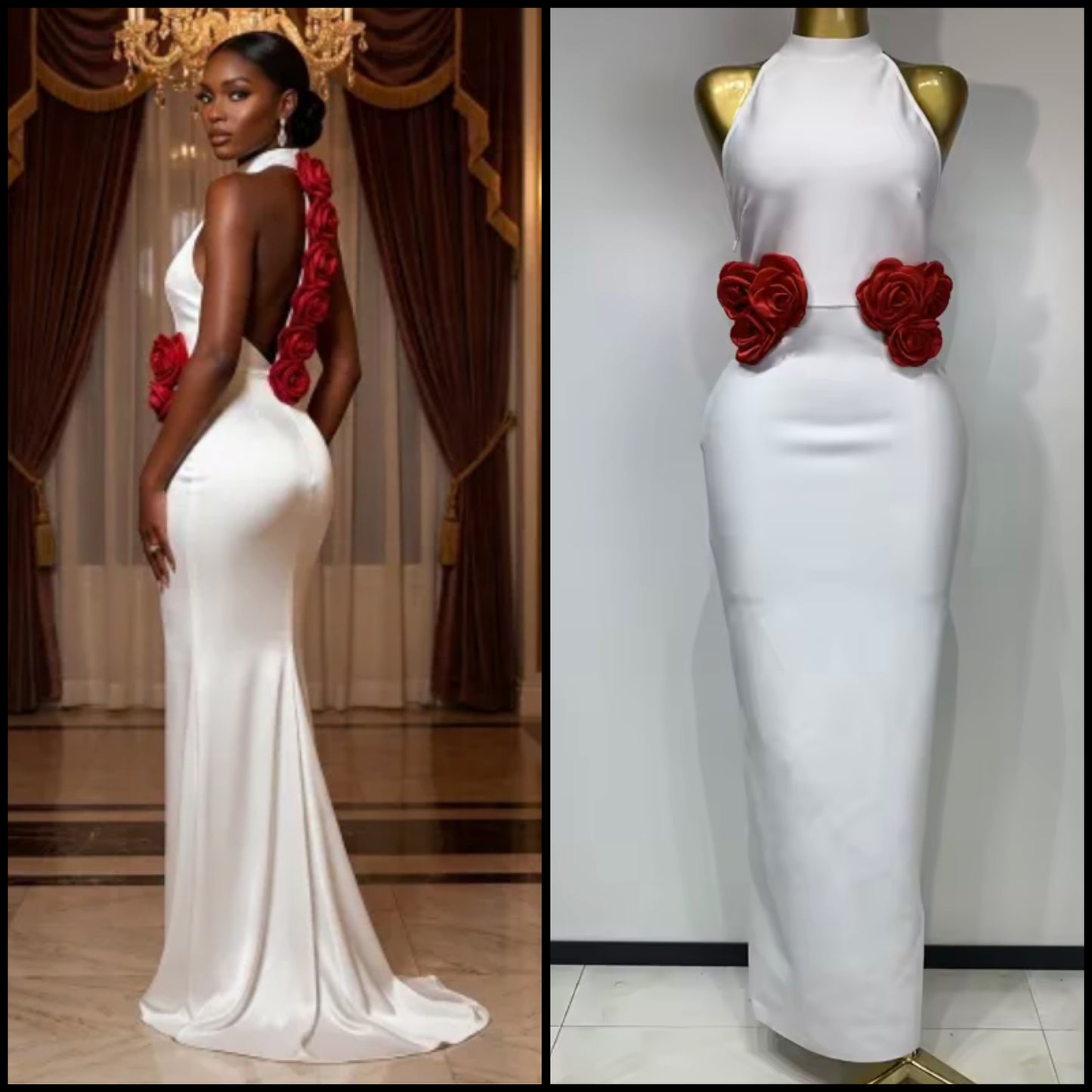 White Elegant Red Floral Sleeveless Floor-Length Dress