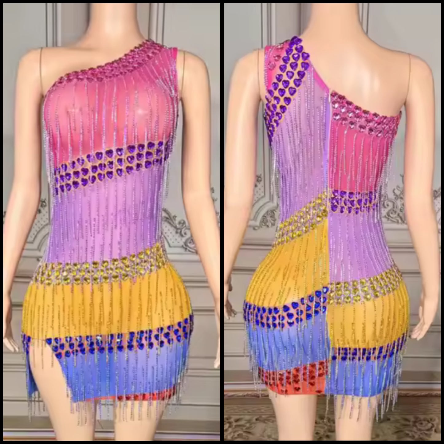 Sexy One Shoulder Sleeveless Multicolored Rhinestone Tassel Dress