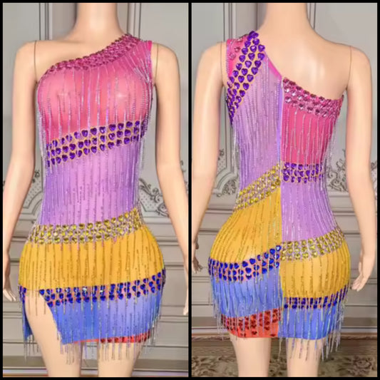 Sexy One Shoulder Sleeveless Multicolored Rhinestone Tassel Dress