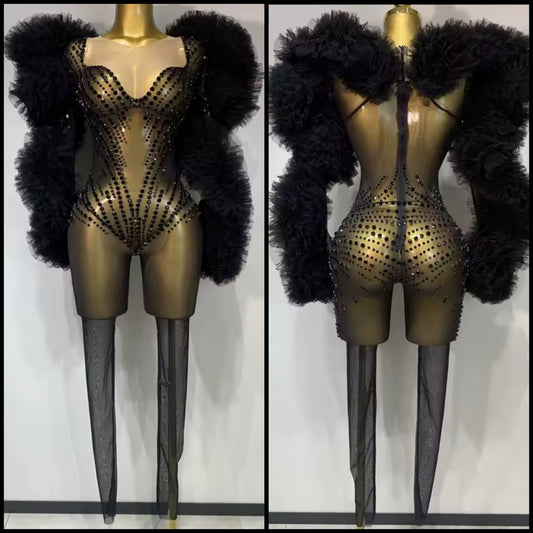 Black Rhinestone Embellishment Ruffle Sexy Jumpsuit