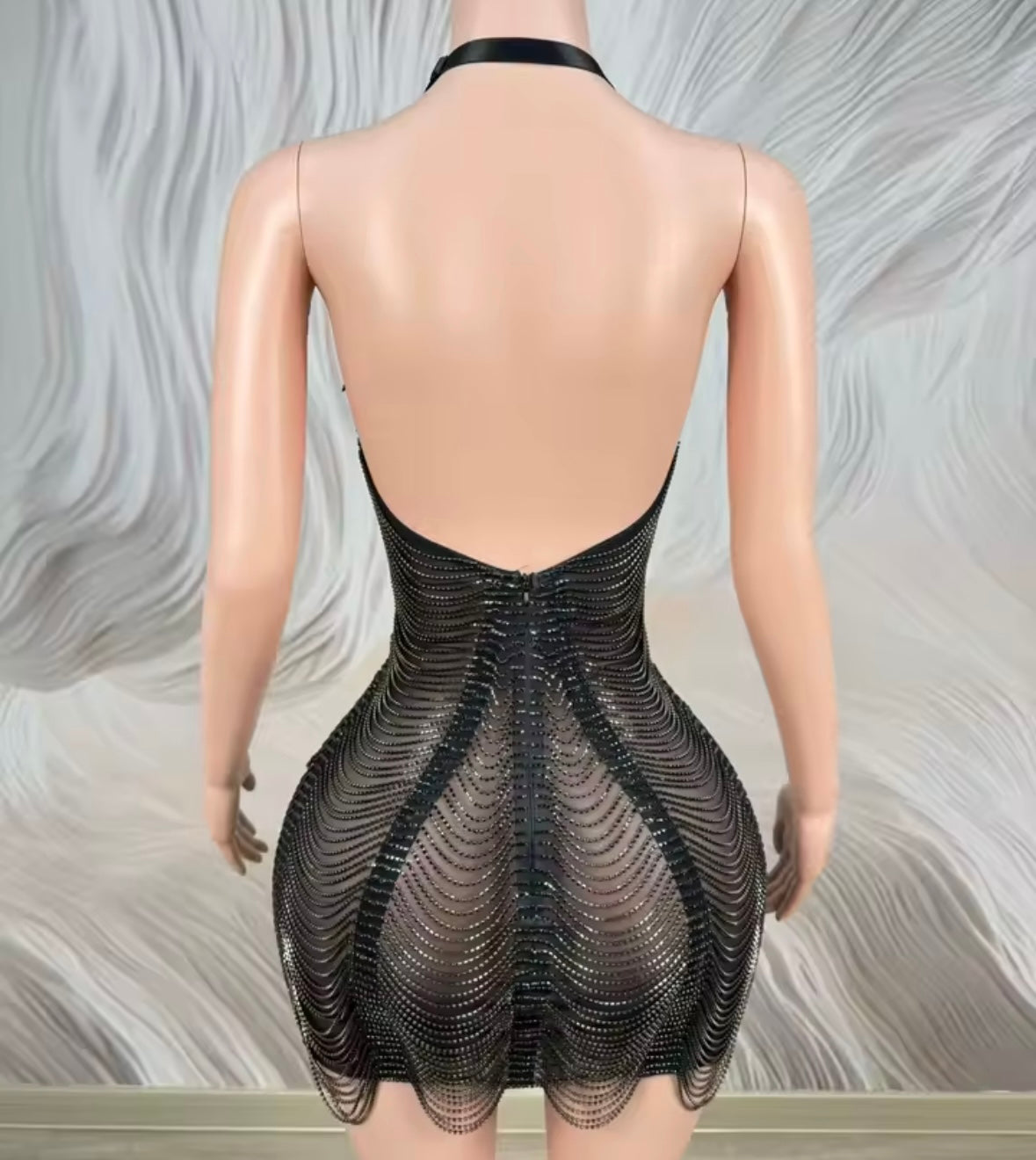 Sexy Halter Sleeveless Rhinestone Fringe Chain Dress
