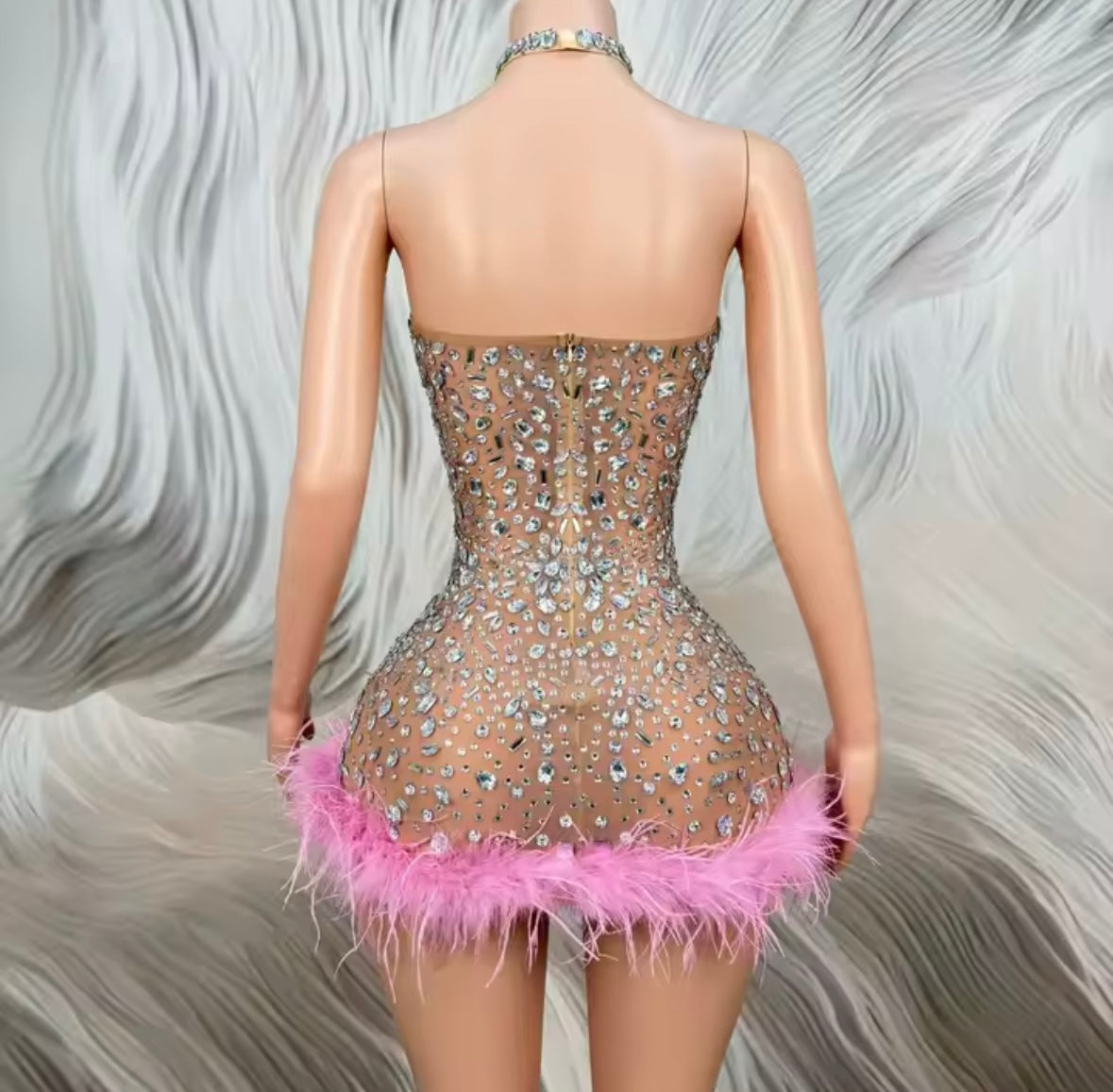 Sexy Halter Sleeveless Feather Rhinestone Dress