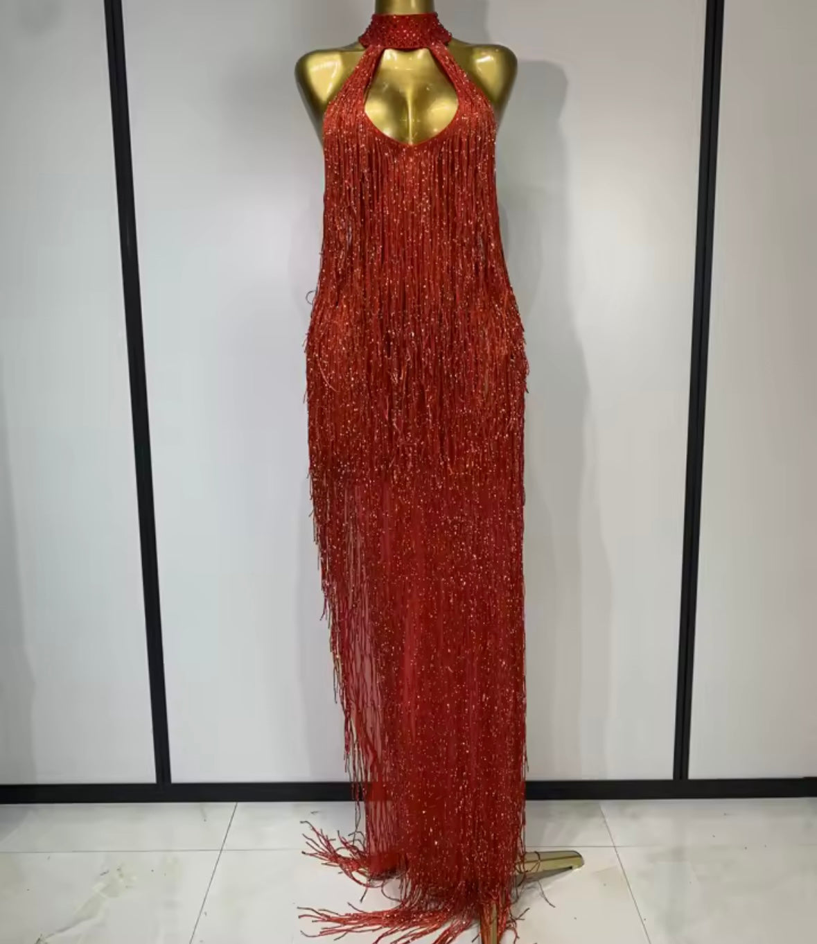 Sexy Halter Sleeveless Beaded Fringe Floor-Length Dress