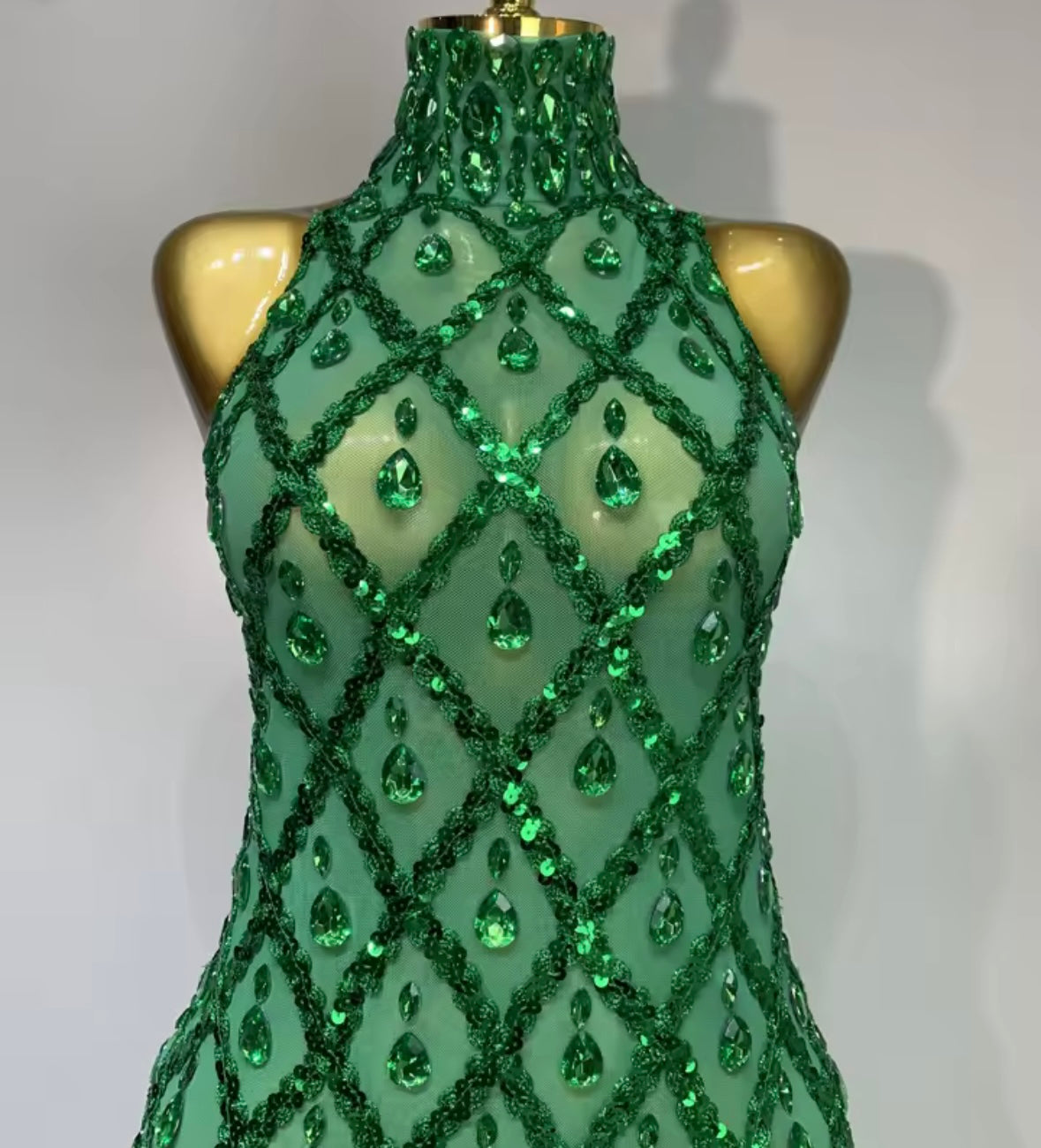 Green Halter Sleeveless Sequins Crystal Floor-Length Dress