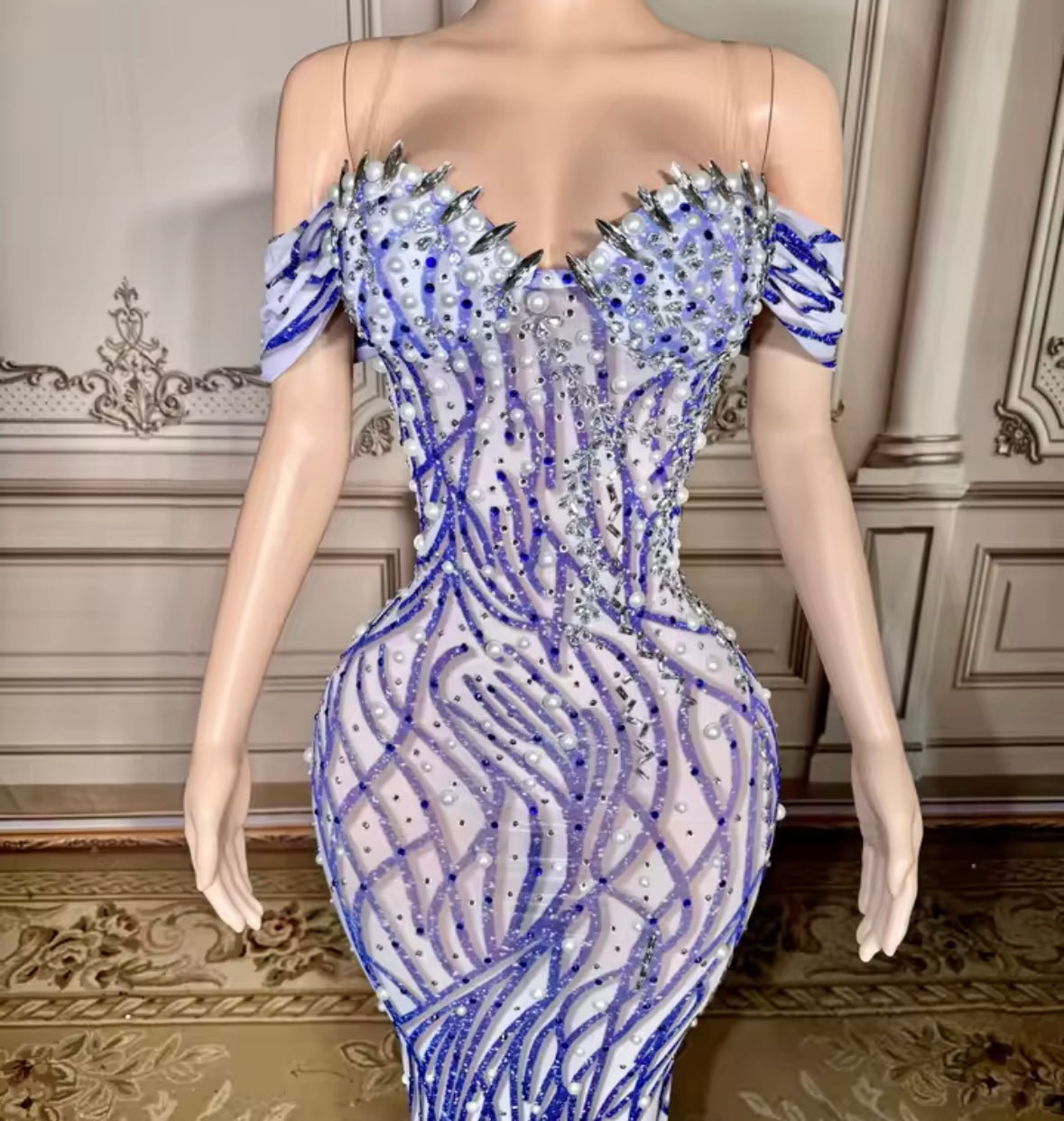 Sexy Off The Shoulder Beaded Rhinestone Floor-Length Dress