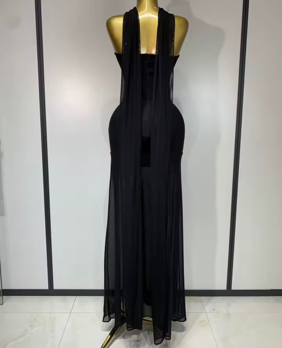 Scarf Strapless Mesh Patchwork Sexy Floor-Length Dress