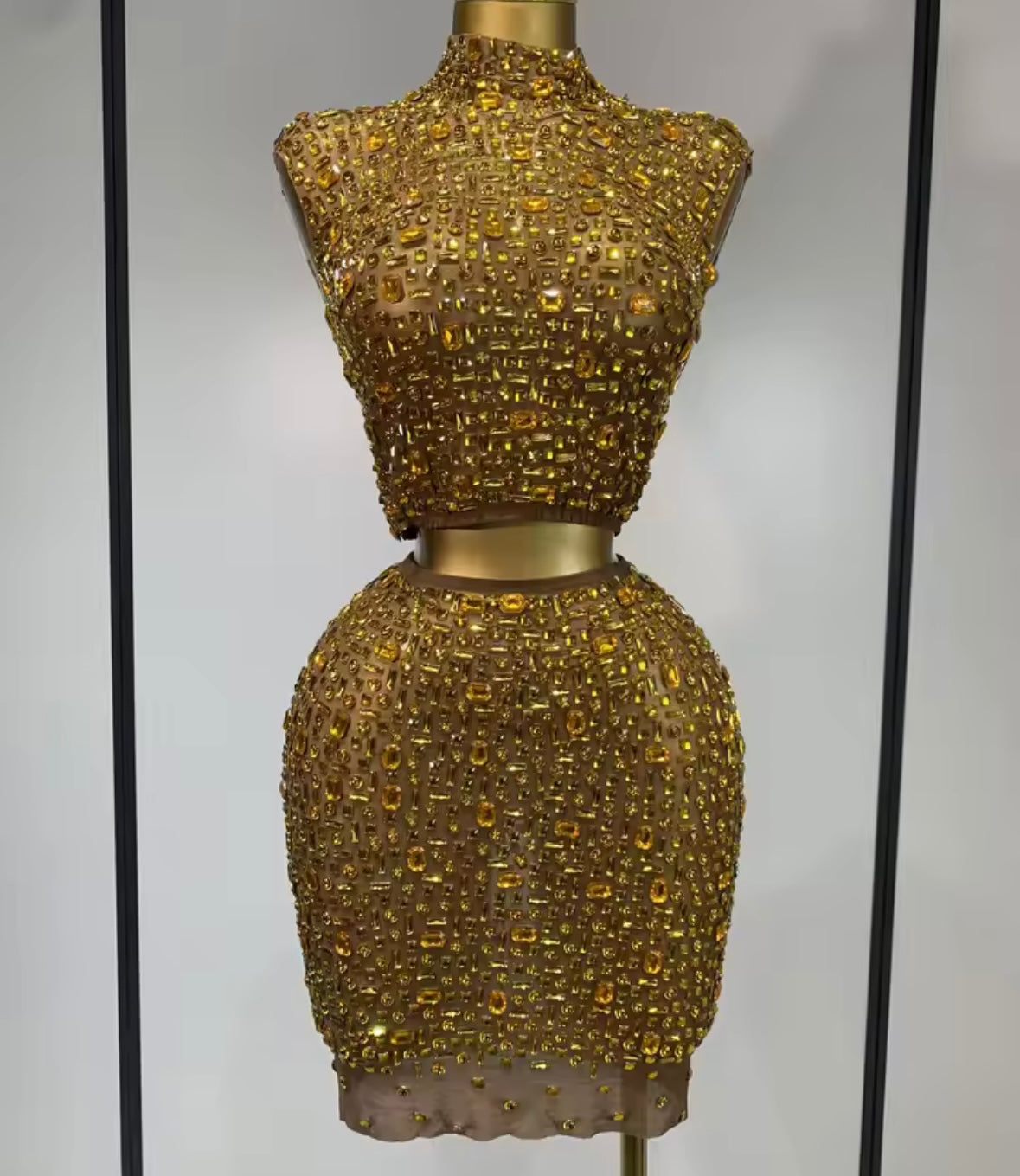 Sexy Crystal Sleeveless Mesh Two Piece Skirt Set
