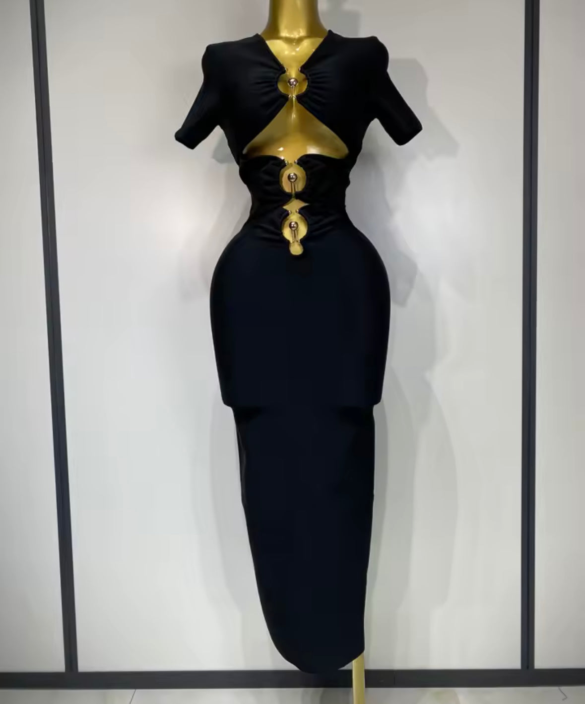 Sexy Black Metal Hollow Out Short Sleeve Dress