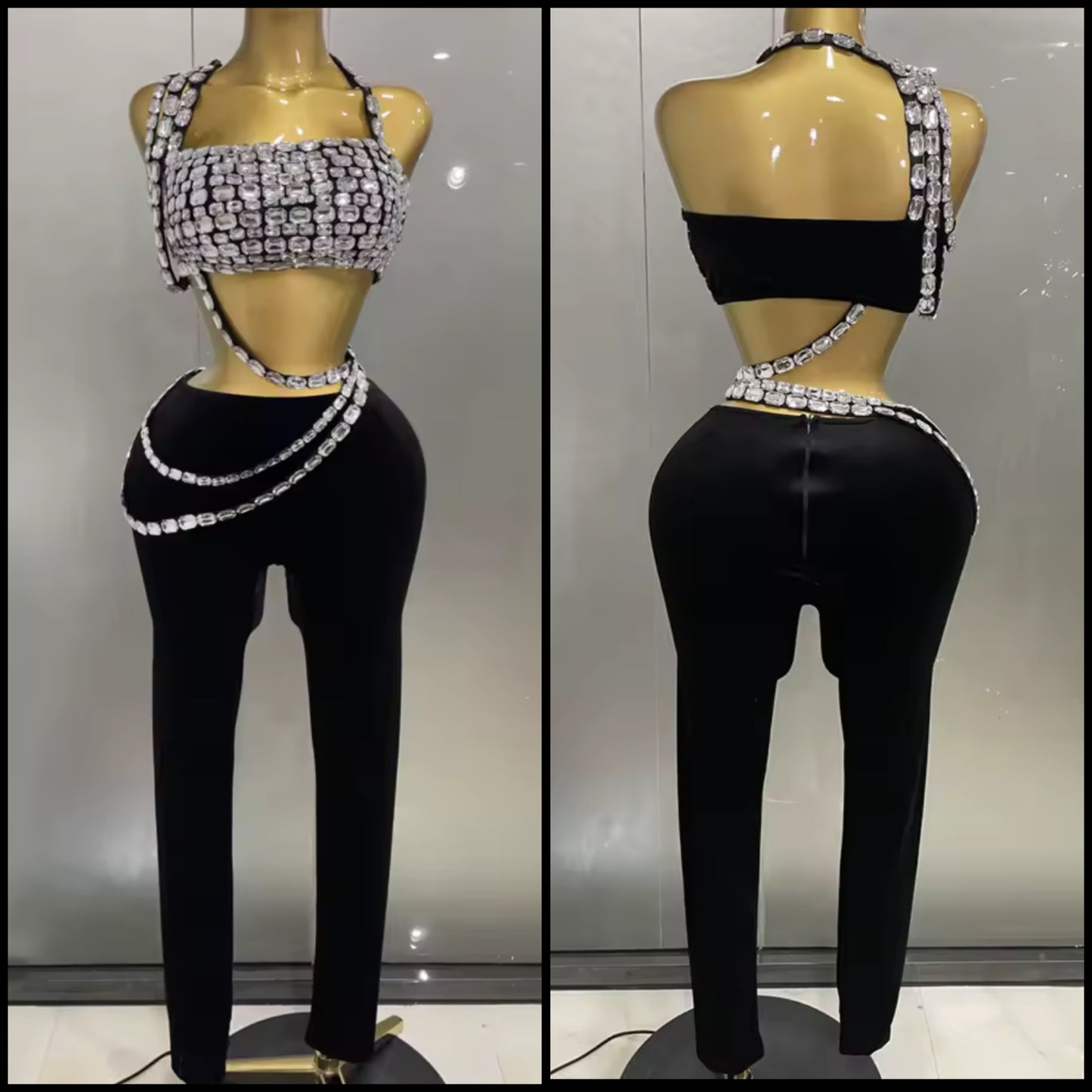 Black Crystal Halter Sleeveless Sexy Pant Set